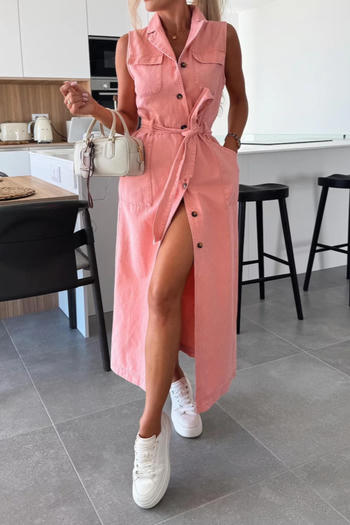 casual overall non stretch denim pocket lace up button maxi dress