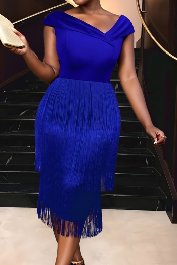 stylish plus size slight stretch pure color oblique v-neck tassel midi dress