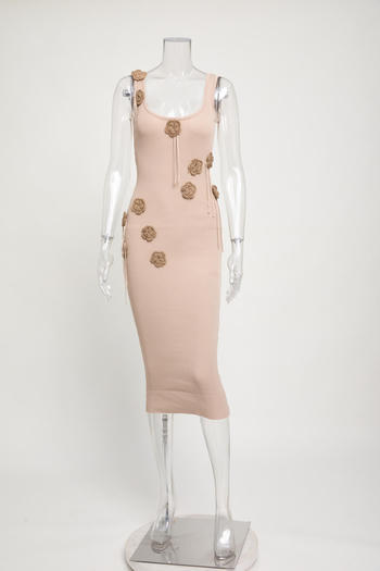 stylish slight stretch knitted 7 colors 3d flower decor midi dress