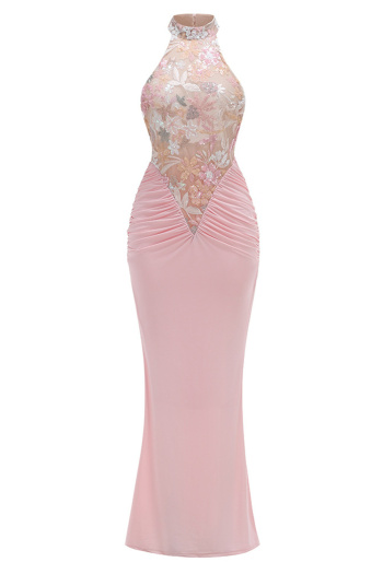 Elegant slight stretch pleated backless mesh sequins embroidery maxi dress