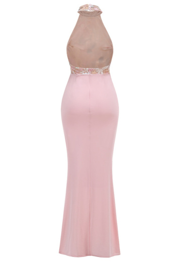 Elegant slight stretch pleated backless mesh sequins embroidery maxi dress