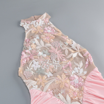 Elegant slight stretch pleated backless mesh sequins embroidery maxi dress