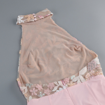 Elegant slight stretch pleated backless mesh sequins embroidery maxi dress