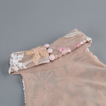 Elegant slight stretch pleated backless mesh sequins embroidery maxi dress