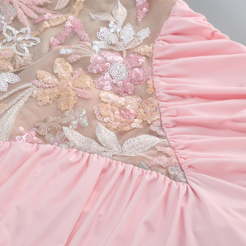 Elegant slight stretch pleated backless mesh sequins embroidery maxi dress