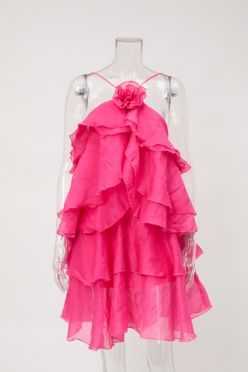 casual non-stretch sling backless flower decor layered ruffle mini dress