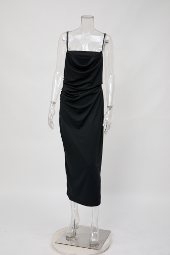 casual slight stretch 3-colors solid color sling pleated slim fit midi dress