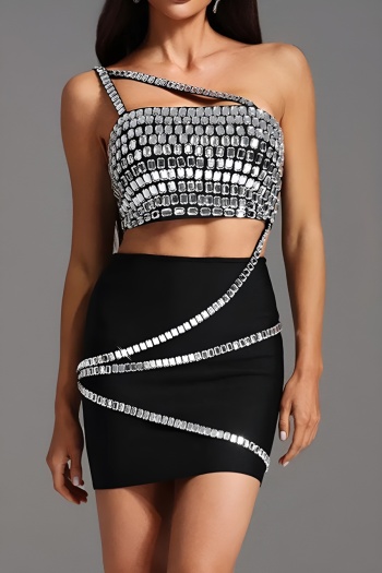 sexy plus size slight stretch rhinestone one shoulder slim mini dress