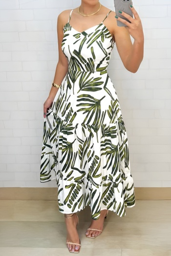 holiday slight stretch leaf printing sling maxi dress