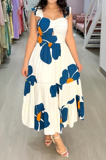 casual slight stretch flower printing ruffle sleeve maxi dress