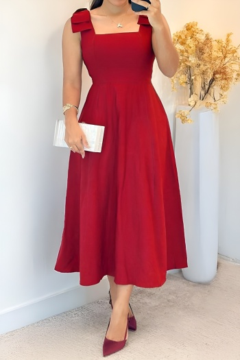 casual slight stretch solid lace up bowed midi dress