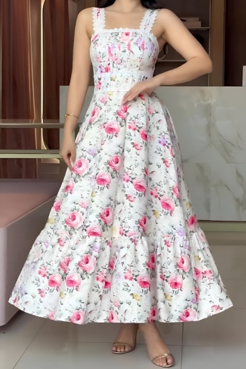 holiday casual slight stretch flower printing lace stitching sling maxi dress