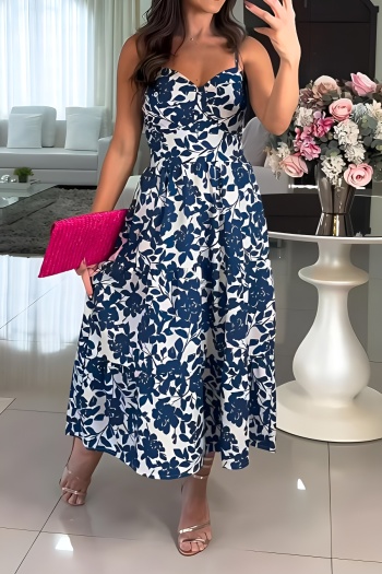 casual slight stretch flower printing sling midi dress