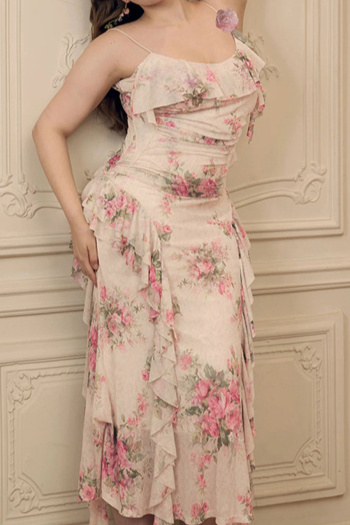 sexy slight stretch flower batch printing ruffle maxi dress