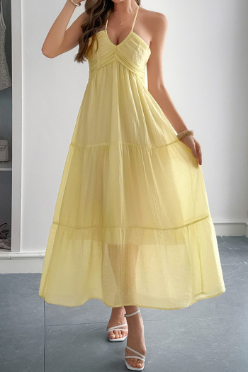casual slight stretch halter-neck 4 colors lace-up maxi dress