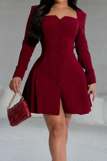 casual plus size non-stretch 4-colors solid long sleeve pleated mini dress