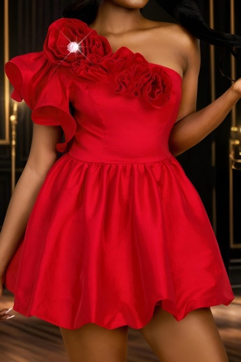 stylish plus size slight stretch rhinestone decor one shoulder ruffle mini dress