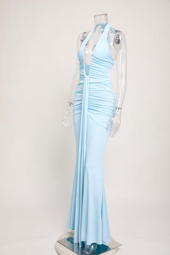 Sexy slight stretch halter-neck solid color shirring maxi dress new add colors