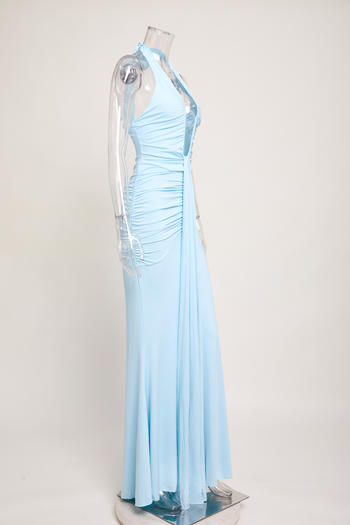 Sexy slight stretch halter-neck solid color shirring maxi dress new add colors