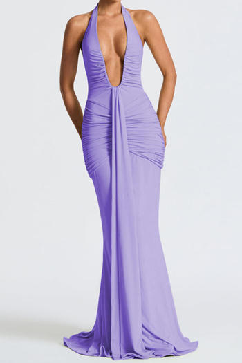 Sexy slight stretch halter-neck solid color shirring maxi dress new add colors
