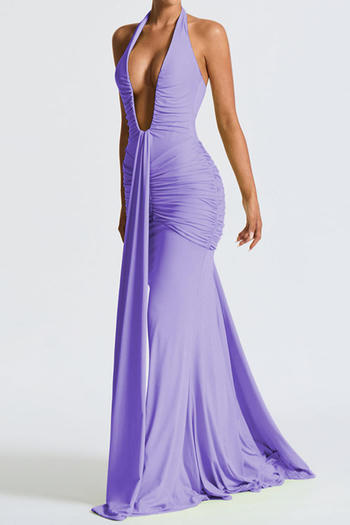 Sexy slight stretch halter-neck solid color shirring maxi dress new add colors