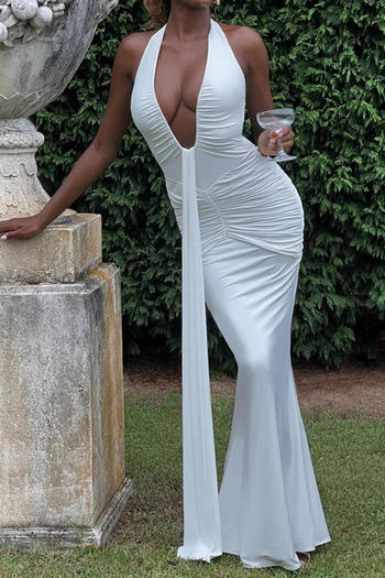 Sexy slight stretch halter-neck solid color shirring maxi dress new add colors