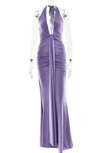 Sexy slight stretch halter-neck solid color shirring maxi dress new add colors