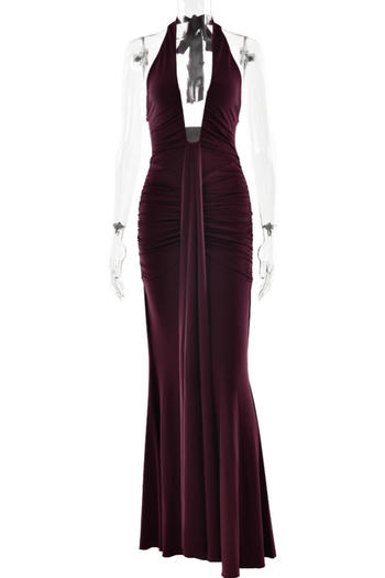 Sexy slight stretch halter-neck solid color shirring maxi dress new add colors