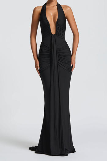 Sexy slight stretch halter-neck solid color shirring maxi dress new add colors
