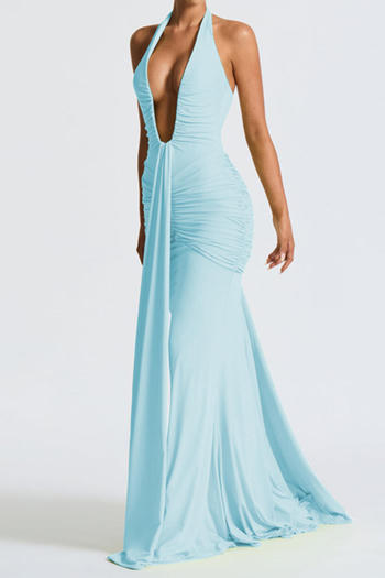Sexy slight stretch halter-neck solid color shirring maxi dress new add colors