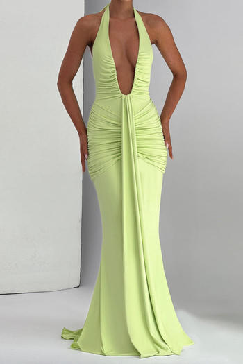 Sexy slight stretch halter-neck solid color shirring maxi dress new add colors