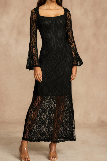 casual plus size slight stretch see-through lace long sleeve slit maxi dress
