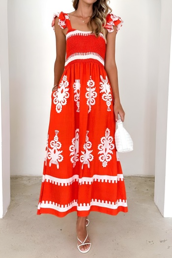 vacation bohemian style slight stretch 3 colors graphic print ruffle midi dress