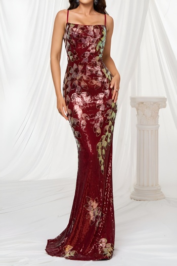 elegant slight stretch sequin decor padded backless sling mermaid maxi dress