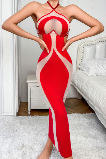 sexy slight stretch stitching mesh halter-neck midi dress(with underwire&thong)