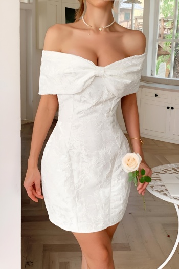 elegant slight stretch 3 colors off shoulder bow design mini dress