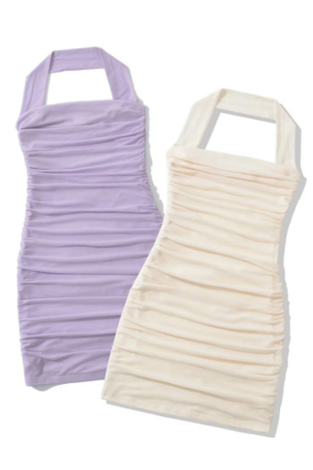 Casual slight stretch halter neck tight mesh shirring mini dress size run small