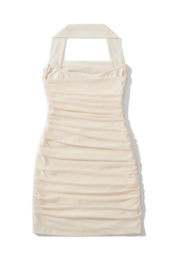 Casual slight stretch halter neck tight mesh shirring mini dress size run small