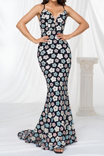 elegant slight stretch sequin decor padded backless lace-up mermaid maxi dress