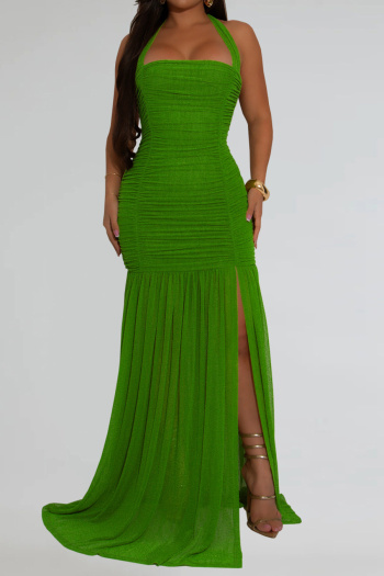 sexy plus size slight stretch solid mesh pleated slit halter neck maxi dress