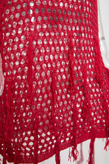 Sexy slight stretch cut out knitted tassel halter-neck cover-up mini dress