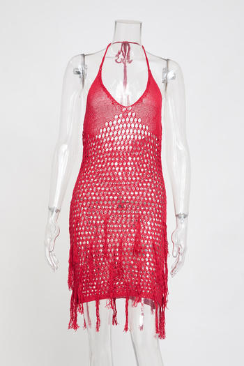 Sexy slight stretch cut out knitted tassel halter-neck cover-up mini dress