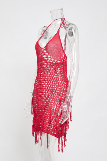 Sexy slight stretch cut out knitted tassel halter-neck cover-up mini dress