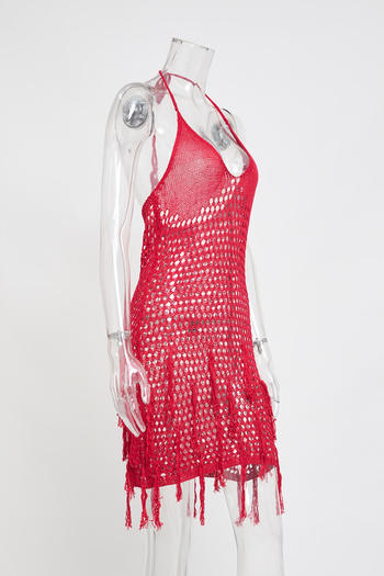 Sexy slight stretch cut out knitted tassel halter-neck cover-up mini dress