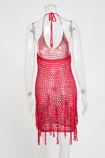 Sexy slight stretch cut out knitted tassel halter-neck cover-up mini dress