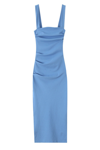 casual slight stretch square neck solid color shirring midi dress