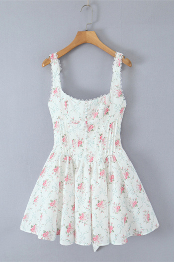 casual non-stretch floral batch printing square neck lace trim mini dress