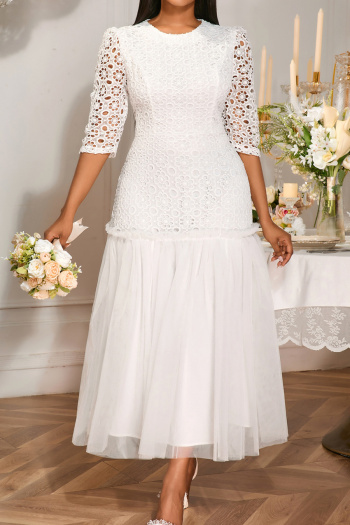 stylish plus size slight stretch lace mesh stitching midi dress