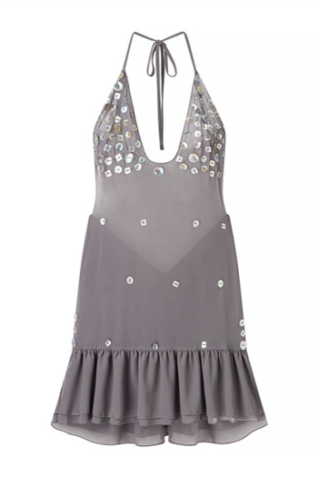 sexy slight stretch halter-neck shell button decor mini dress
