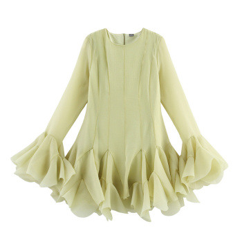 stylish non-stretch solid color bell sleeves layered large ruffle mini dress